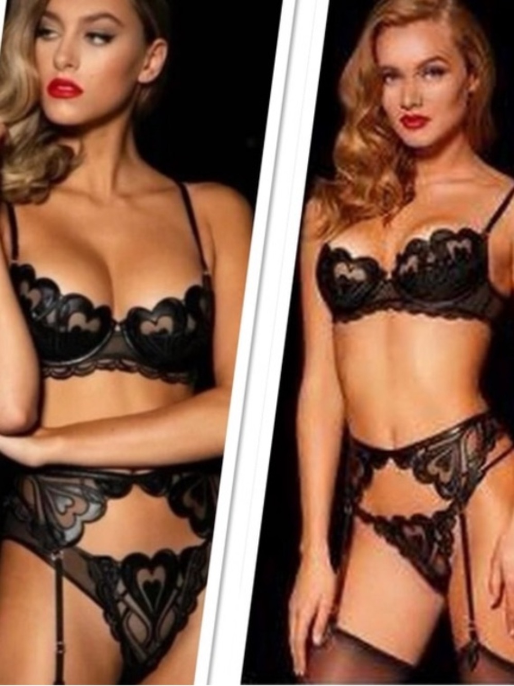 Honey Birdette Black Lace Heart-Detail Bra & Garter Set Size 34B / S K18